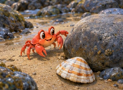 Baby crab moving sideways around pebble toward shell.
