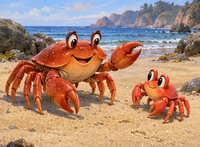 Mother crab addressing attentive child on sand.