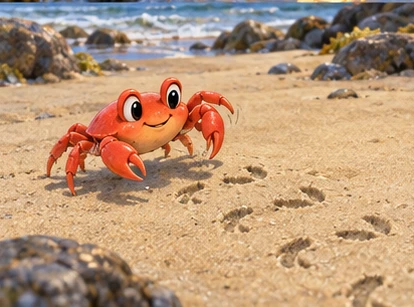 Baby crab attempting forward steps but moving sideways.