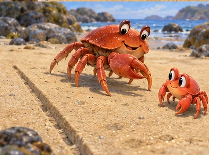 Mother crab moving sideways away from straight groove.