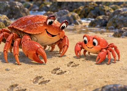 Both crabs examining sideways footprints kindly.