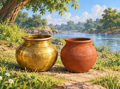 Brass pot and red clay pot standing on low riverbank.