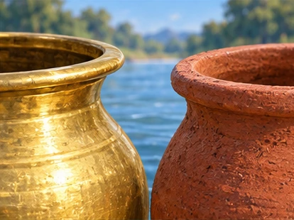 Close view hard brass and fragile clay materials above water.