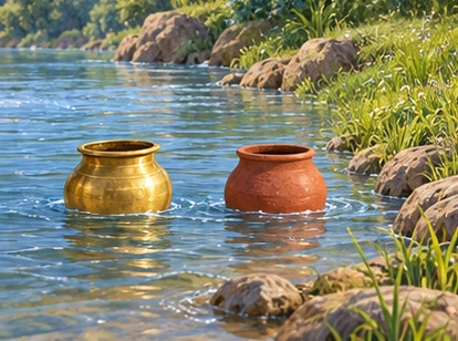 Upright pots approaching shallow grassy curve with space.