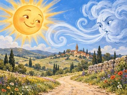 Expressive sun and curling wind above countryside road.
