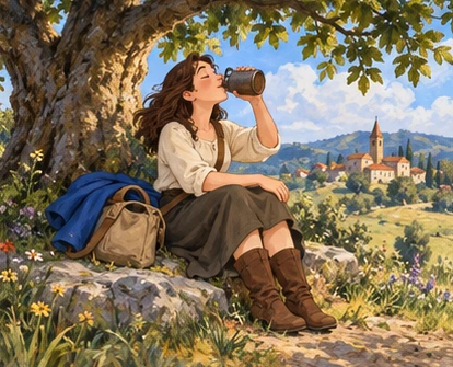 Traveller drinking beneath shade tree, cloak folded beside satchel.