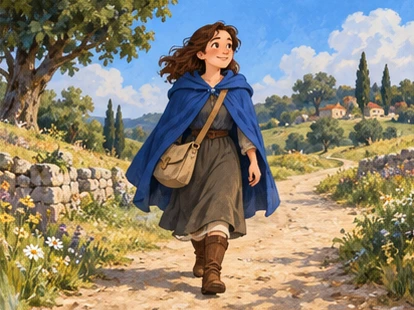 Woman walking road in blue cloak and brown boots.