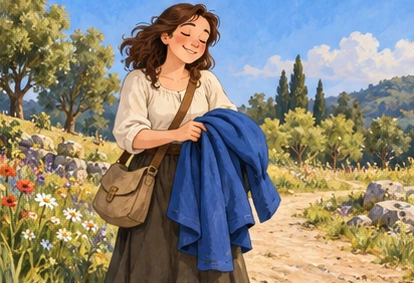 Traveller folding blue cloak over arm, smiling in sunshine.