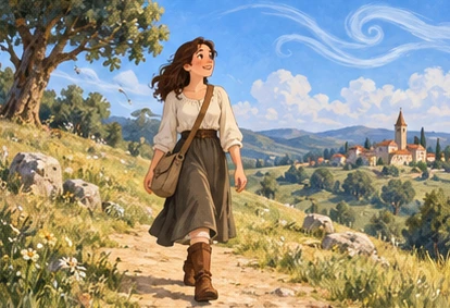 Quiet wind over hill, traveller without cloak on road.