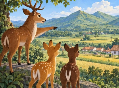 The elder deer points toward distant green hills beyond farm boundaries.
