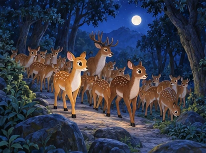 Beauty and Brownie lead both herds home together along a moonlit forest trail.