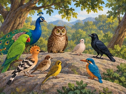 Woodland birds gather on a broad flat rock beneath leafy trees.