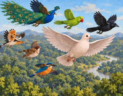 The woodland flock flies peacefully from the meeting rock as Dove leads gently.