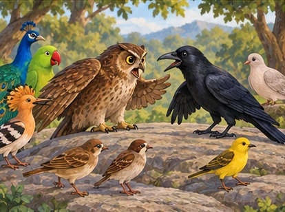Owl and Crow argue while small birds edge away on the rock.