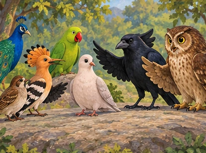 Sparrow, hoopoe, Crow, and Owl each speak while the dove listens.