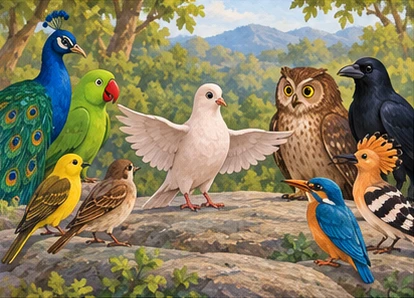 The dove addresses the gathering while birds with different skills stand together.