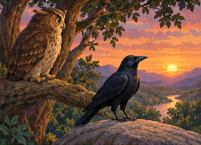 Owl watches a dusk branch while Crow stands nearby accepting a daytime role.
