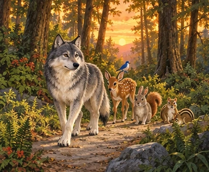 The wolf and small woodland animals return peacefully through a sunset forest.