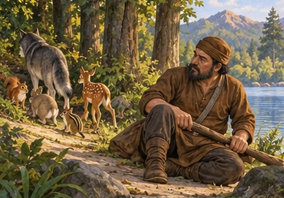 The hunter sits up while the animals retreat safely through the trees.
