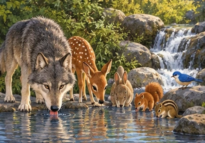 The woodland animals drink safely at a separate quiet stream.