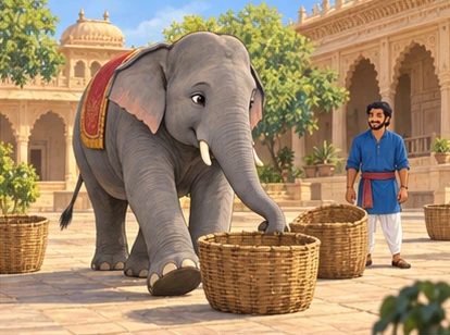 Komal pushes empty baskets across the courtyard while his keeper stands safely back.