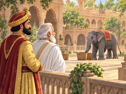 The king and a white-clad elder observe Komal from a safe courtyard distance.
