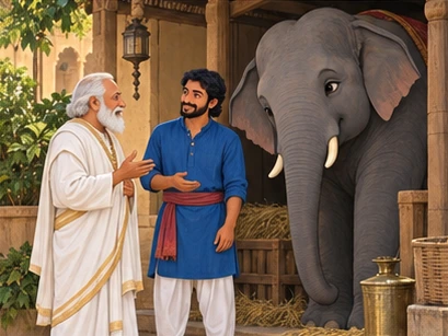 The thoughtful elder speaks with the keeper beside Komal’s tidy shelter.