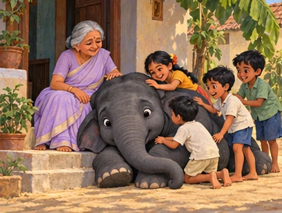 Dark gray Blackie rests beside Granny’s village doorway as children greet him.