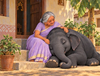 Granny and Blackie rest happily beside their familiar doorway after sharing work.