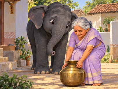 Granny lifts a water pot slowly while Blackie watches with concern.