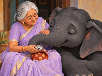Granny opens the coin pouch and affectionately strokes Blackie’s trunk.