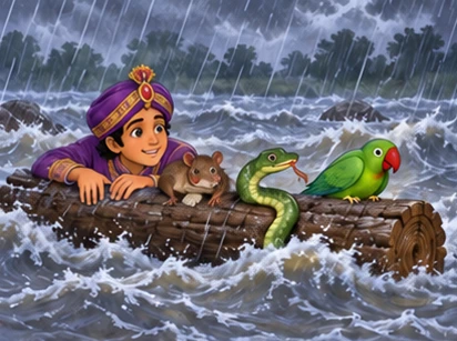 Prince, rat, snake, and parrot cling safely to a broad floating log in rain.