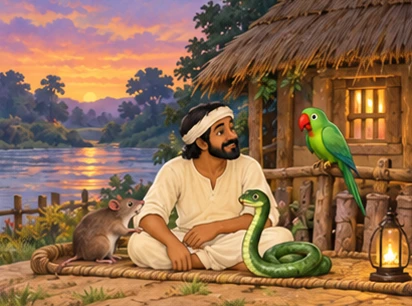 The kind man shares a peaceful evening with free Rat, Snake, and Parrot beside his repaired hut.