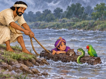 The kind man uses a rope from the bank to guide the log into shallow water.