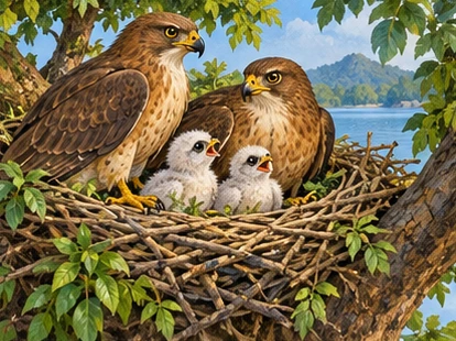 Two brown hawks care for two chicks in an island tree nest.