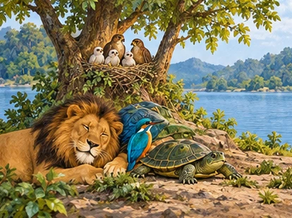 The lake friends rest together peacefully around the island tree.