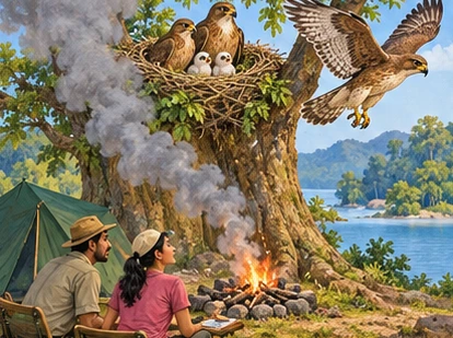 Campfire smoke rises toward the hawks’ nest while Father Hawk flies for help.