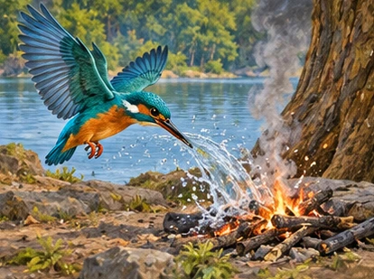 Kingfisher splashes lake water over a small fire beneath the nesting tree.