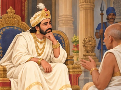The cream-clad king of Benares listens thoughtfully in a quiet palace court.