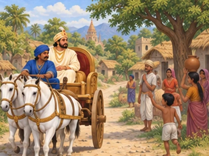 The king of Benares and his blue-clad driver travel through a village in a chariot with two white horses.