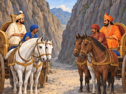 The two chariots stop facing each other on a narrow steep-sided road.