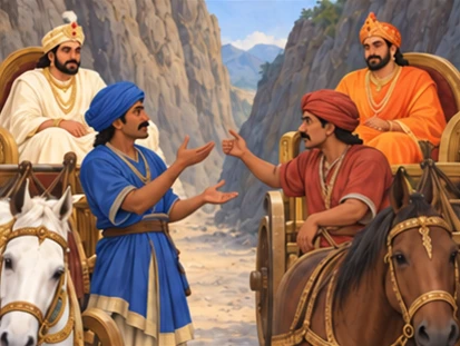 The drivers compare their kings while both rulers listen from the chariots.
