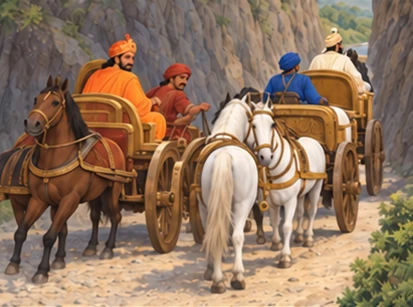 Mallika watches from his chariot as his driver guides it into a wider passing place.