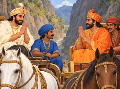 The kings greet each other respectfully as the Benares chariot passes.