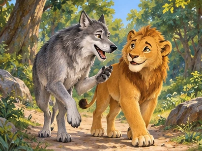 A gray wolf flatters a young golden lion on a woodland path.