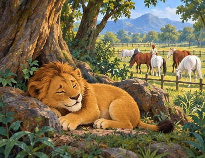 Ponies graze safely in the distance while the young lion rests peacefully in the forest.