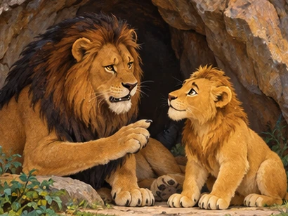 The older dark-maned lion gives careful advice near the family den.