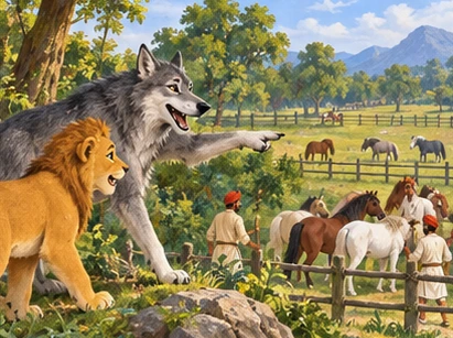 The wolf points toward a royal pony pasture while the young lion follows.