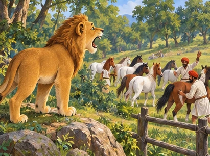 The lion roars at a distance as ponies move away and keepers calm them.