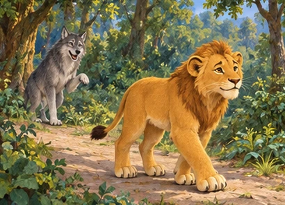 The young lion turns away from the pasture despite the wolf’s urging.